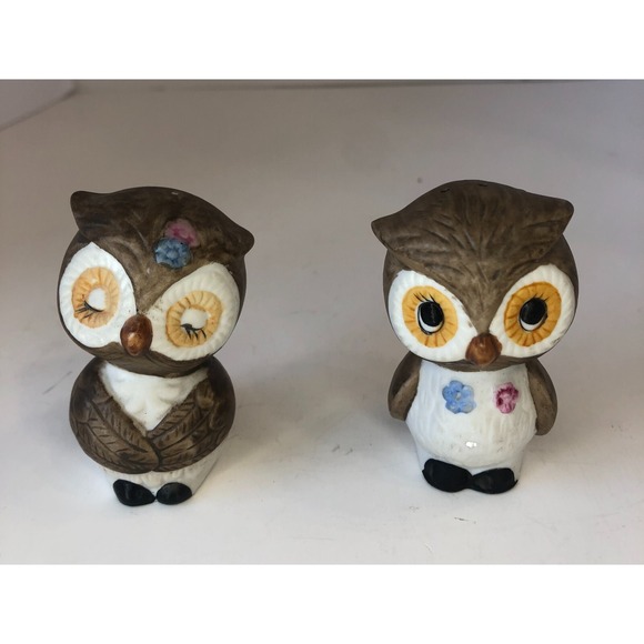 OWLS Salt & Pepper Shaker S&P Cute Brown Couple Kitsch Ceramic VINTAGE - Picture 1 of 7